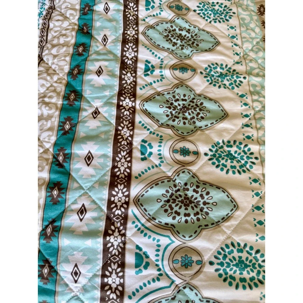 Sanctuary Quilt King Teal Brown White Boho Geometric Medallion Bedding 3 Piece